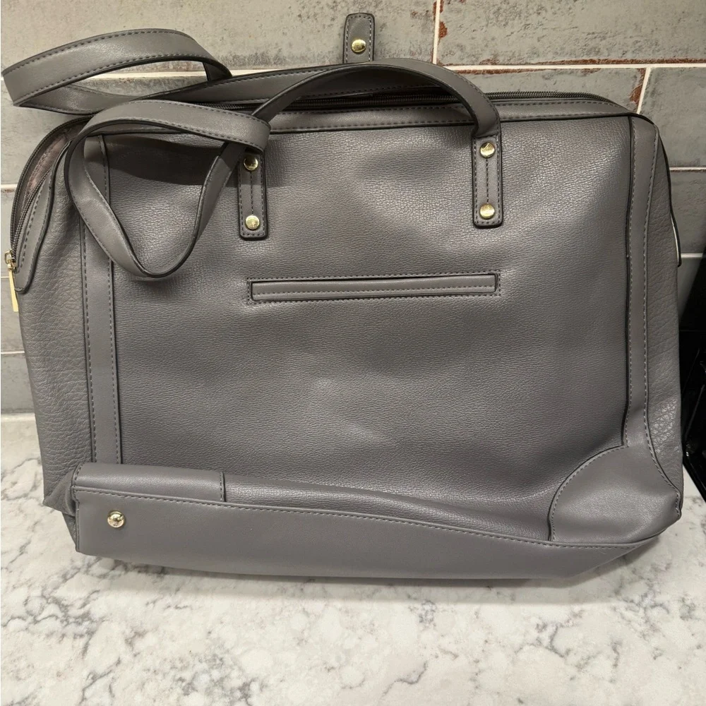 Gray Leather Work Tote Bag